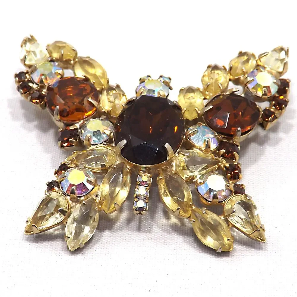 Vintage Butterfly Brooch D & E Juliana Style Rootbeer Rhinestones, Gold Plated